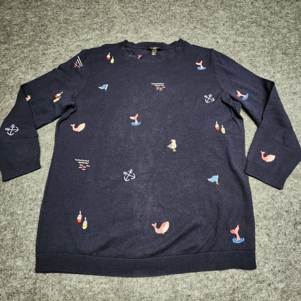 Talbots Lightweight Navy Nautical Boating Whale Embroidered Sweater Small Petite